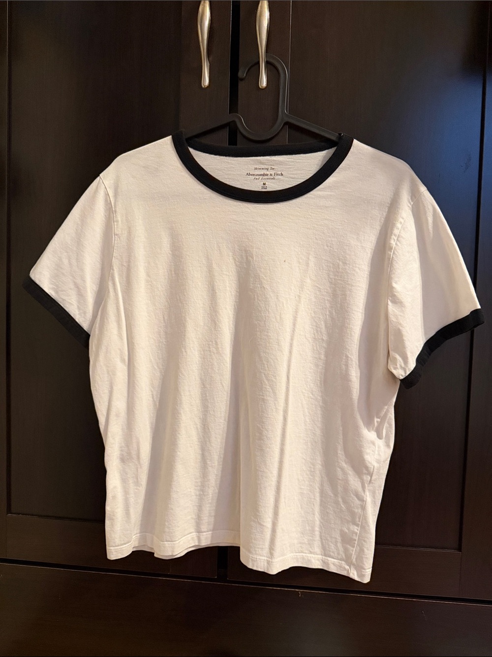 ABERCROMBIE & FITCH White Short Sleeve Ringer Skimming Tee with Black Trim